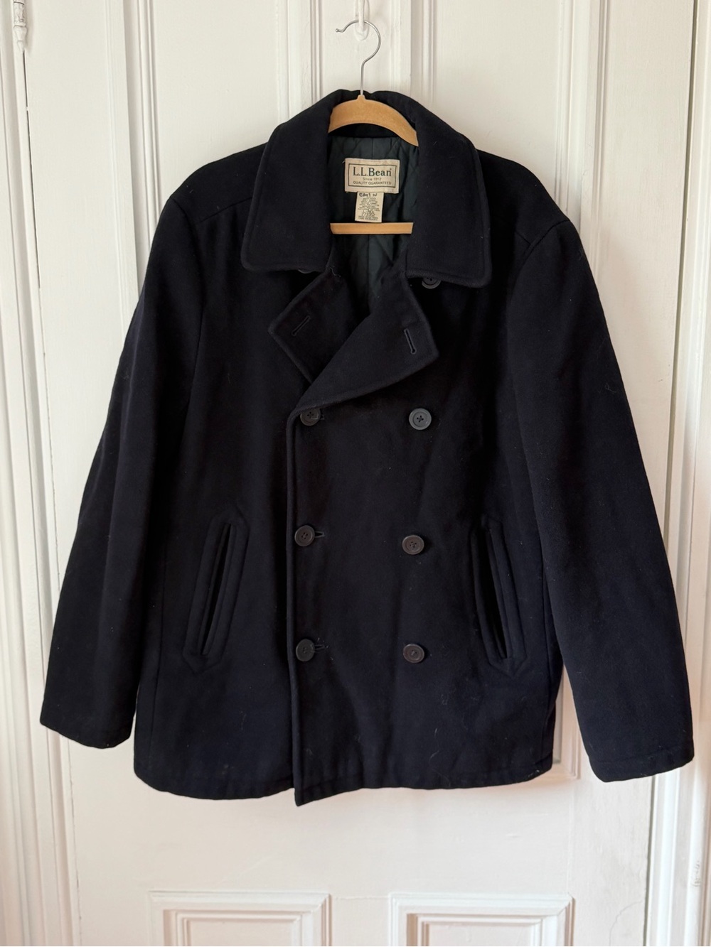 Men’s LL Bean Classic Navy Double Breasted Fully Lined Wool Peacoat Size Large